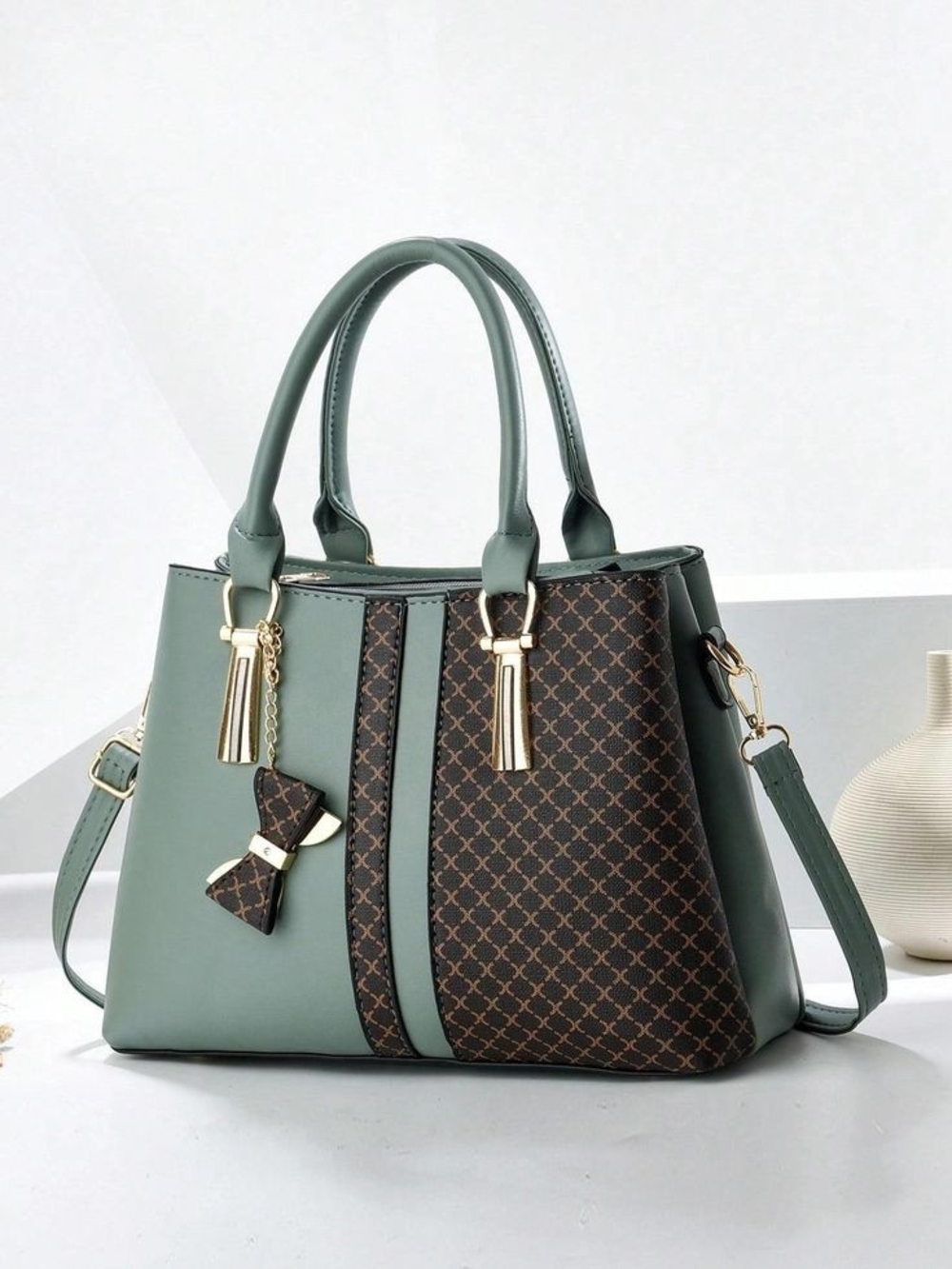 Chic Green Patterned Tote Handbag with Bow Charm